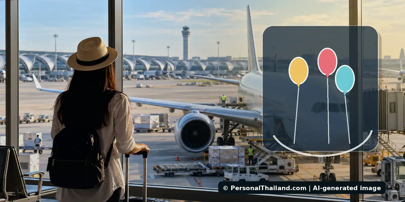 Airport apron with conceptual balloons and flight-safety graphic, not a depiction of an actual incident