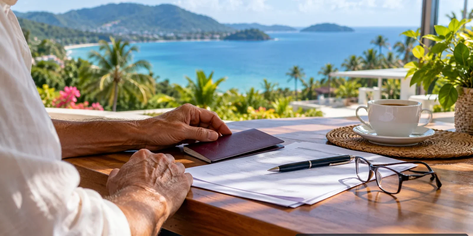 Older traveler reviewing a passport and retirement paperwork on a sunny Thai terrace; AI-generated illustration.
