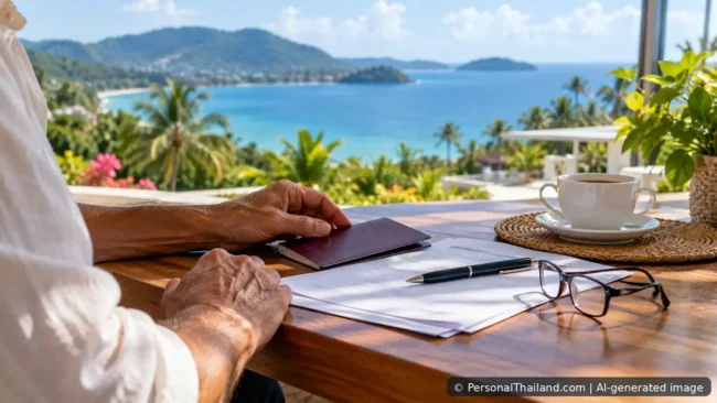 Older traveler reviewing a passport and retirement paperwork on a sunny Thai terrace; AI-generated illustration.