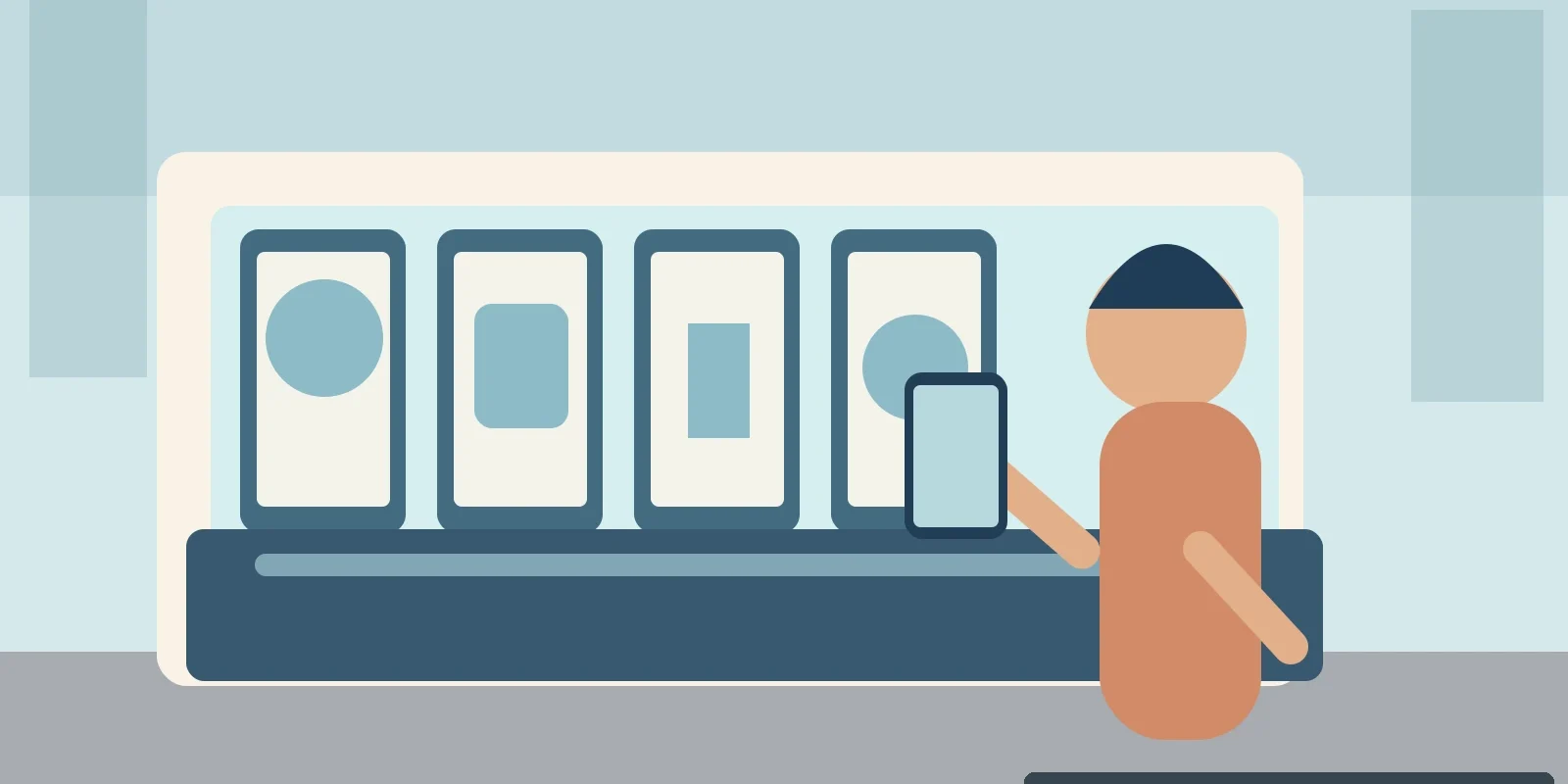 Illustration of a modern mobile phone shop in Bangkok with devices on display and a shopper checking one, AI-generated