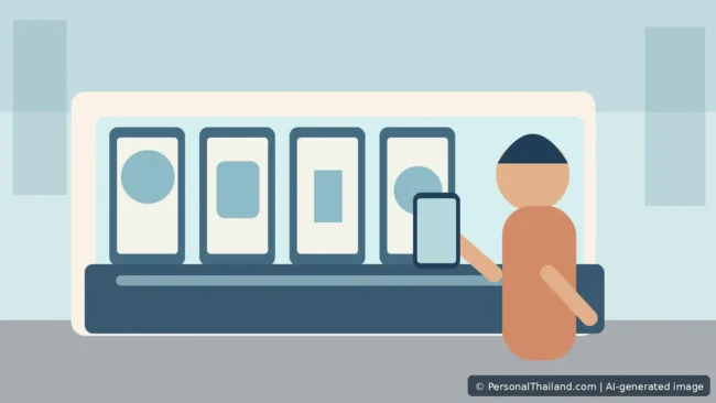 Illustration of a modern mobile phone shop in Bangkok with devices on display and a shopper checking one, AI-generated