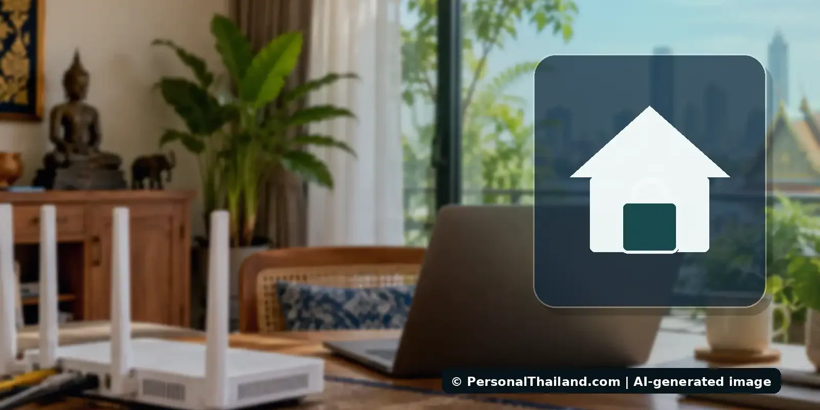 Conceptual Thai residence with security symbol illustrating household break-in prevention