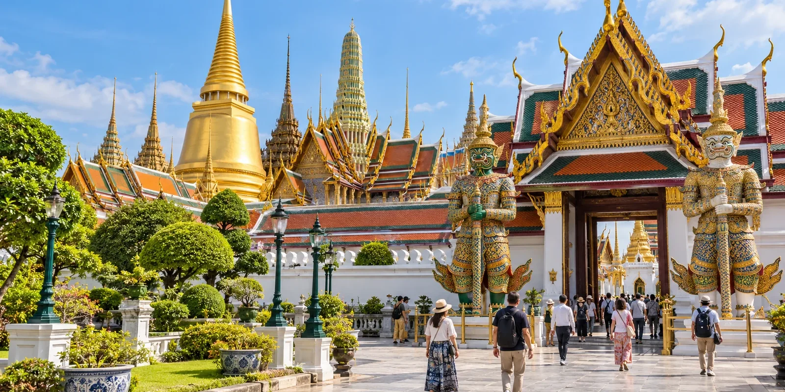 AI-generated illustration of the Grand Palace-style complex in Bangkok with tourists in the courtyard