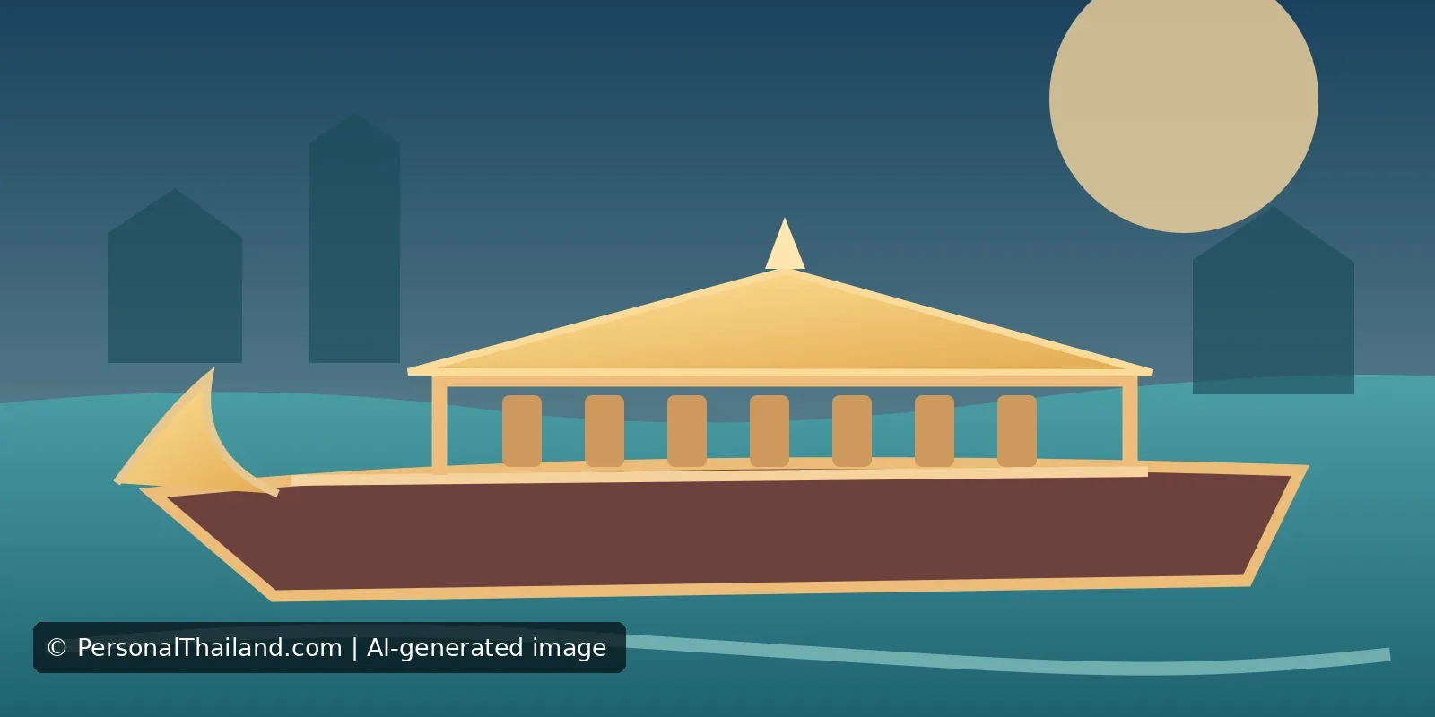 AI-created illustration of an ornate gold ceremonial boat on a river with temple-like silhouettes behind, a symbolic image rather than a specific royal barge or procession