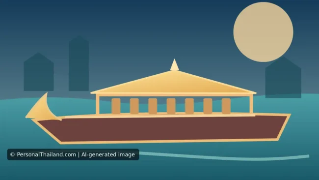 Royal Barges in Bangkok: Wat Arun, Processions and the Museum (illustration) AI-created illustration of an ornate gold ceremonial boat on a river with temple-like silhouettes behind, a symbolic image rather than a specific royal barge or procession