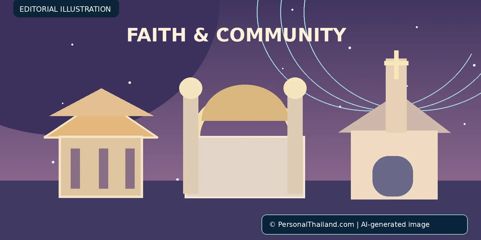 Religion in Thailand: Churches, Mosques and Other Faith Communities (illustration) Concept illustration for Religion in Thailand: Churches, Mosques and Other Faith Communities; AI-generated image