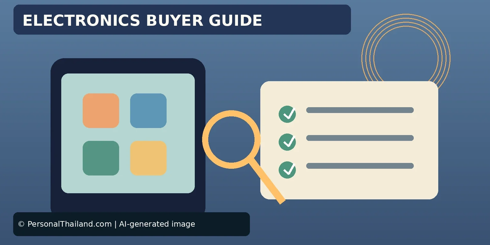 AI-created illustration of a tablet examined with a magnifying glass beside a checklist, under the heading 'Electronics Buyer Guide'