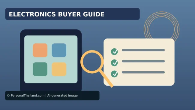 AI-created illustration of a tablet examined with a magnifying glass beside a checklist, under the heading 'Electronics Buyer Guide'