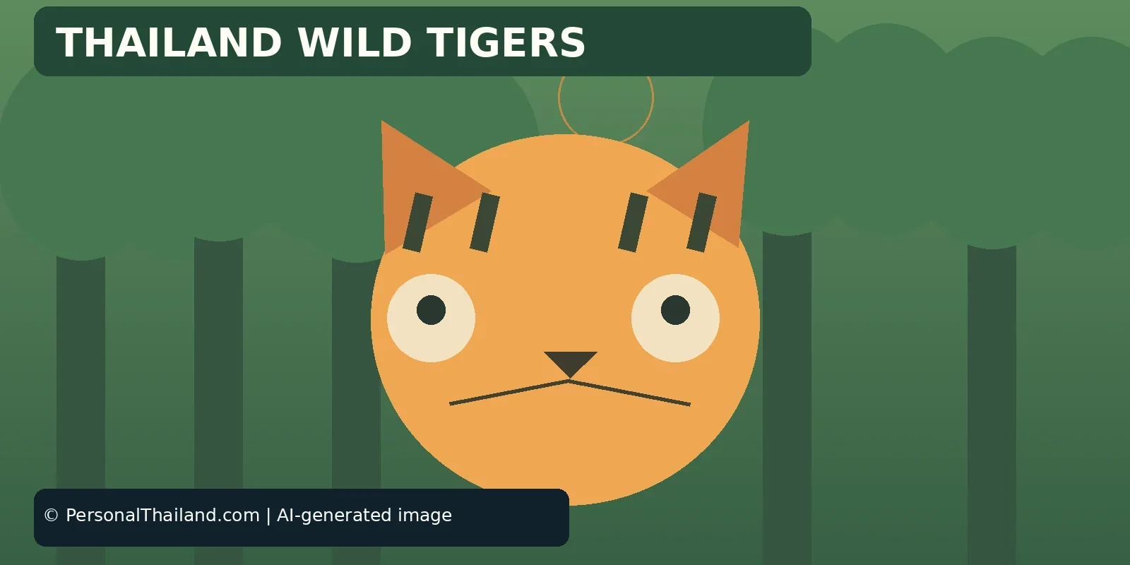 Thailand Tiger Conservation: Real Progress and How Visitors Can Help (illustration) AI-created illustration of a cartoon tiger face in front of forest trees, under the heading 'Thailand Wild Tigers'