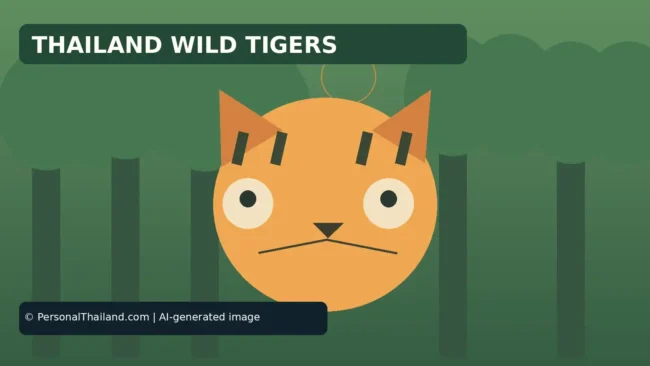 AI-created illustration of a cartoon tiger face in front of forest trees, under the heading 'Thailand Wild Tigers'