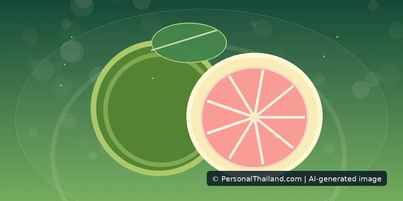 AI-created illustration of a whole green pomelo beside a halved pink-fleshed pomelo, a stylised drawing rather than a photograph of a specific cultivar