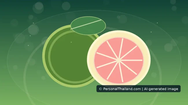 AI-created illustration of a whole green pomelo beside a halved pink-fleshed pomelo, a stylised drawing rather than a photograph of a specific cultivar