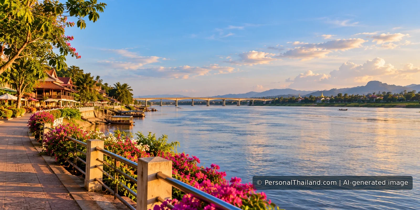 Nong Khai Travel Guide: Mekong River, Temples and Border Planning (illustration) AI-generated conceptual scenery inspired by Nong Khai: a flower-lined Mekong riverside promenade at sunset with a long road bridge in the distance (not a photograph of a real place)