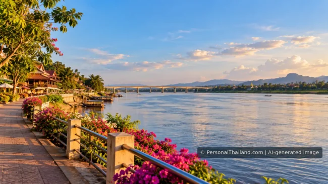 Nong Khai Travel Guide: Mekong River, Temples and Border Planning (illustration) AI-generated conceptual scenery inspired by Nong Khai: a flower-lined Mekong riverside promenade at sunset with a long road bridge in the distance (not a photograph of a real place)