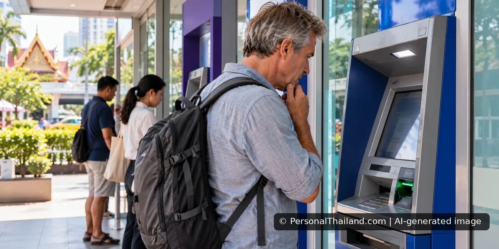 Bank Charges in Thailand: ATM Fees, Account Costs and Currency Conversion (illustration) AI-generated conceptual image of a traveler reading a bank ATM screen in Thailand; not a real bank branch