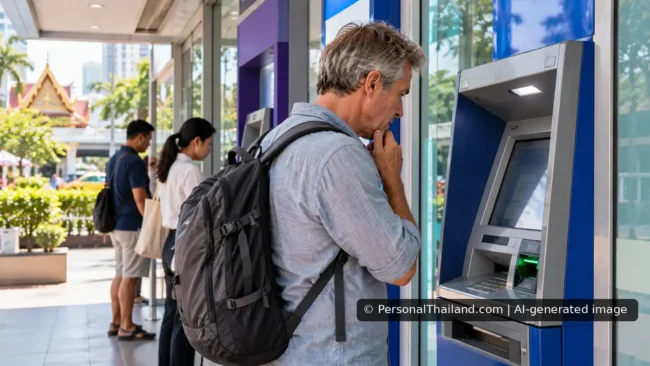 AI-generated conceptual image of a traveler reading a bank ATM screen in Thailand; not a real bank branch