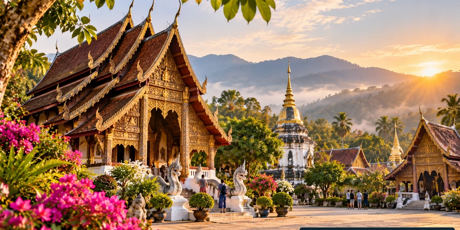 Chiang Mai Travel Guide: Old City Temples, Lanna Culture and Mountain Trips (illustration) Lanna-style temples and green mountain scenery at sunrise in Chiang Mai, AI-generated illustration