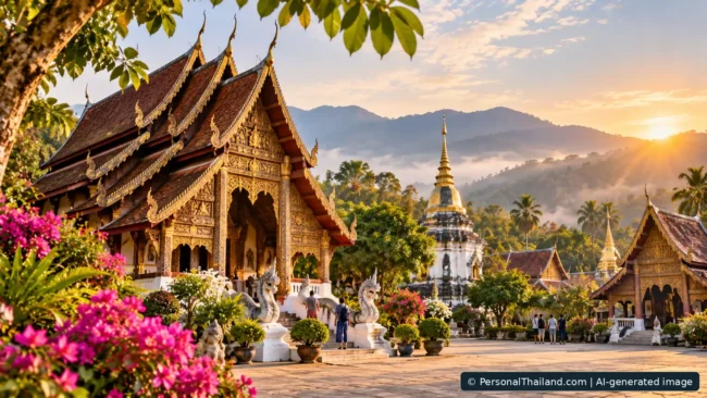 Chiang Mai Travel Guide: Old City Temples, Lanna Culture and Mountain Trips (illustration) Lanna-style temples and green mountain scenery at sunrise in Chiang Mai, AI-generated illustration