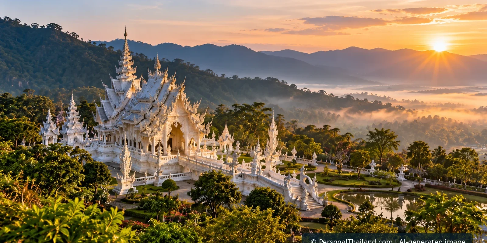 Chiang Rai Travel Guide: Temples, Mountain Views and the Golden Triangle (illustration) AI-generated atmospheric illustration of a white northern Thai temple with layered forested mountains at sunrise; not a documentary photo of a specific site