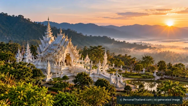 Chiang Rai Travel Guide: Temples, Mountain Views and the Golden Triangle (illustration) AI-generated atmospheric illustration of a white northern Thai temple with layered forested mountains at sunrise; not a documentary photo of a specific site