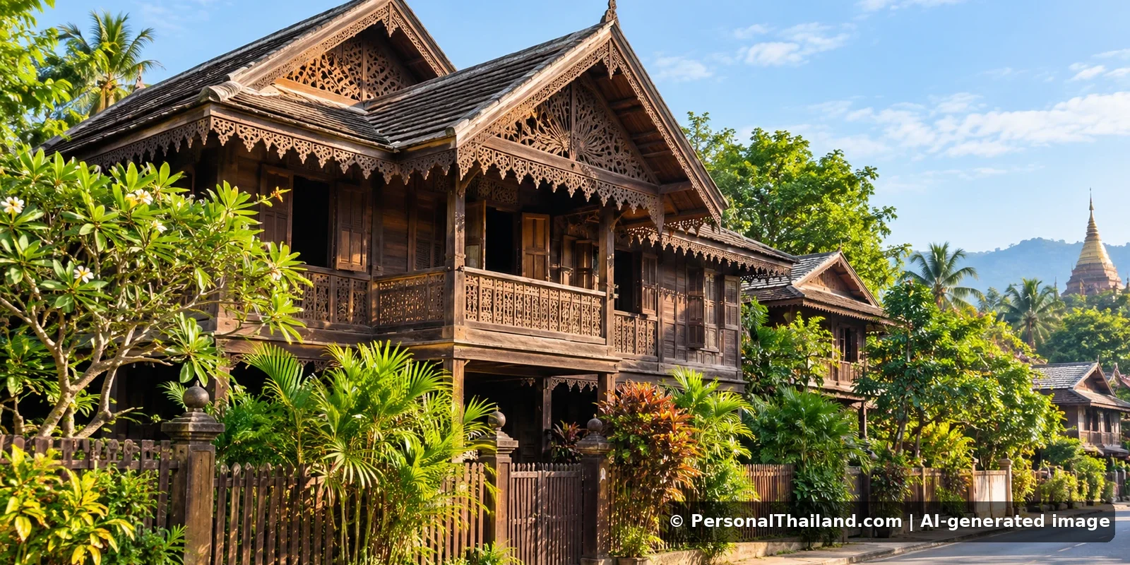 Phrae Travel Guide: Teak Houses, Historic Temples and Local Crafts (illustration) AI-generated conceptual travel illustration for Phrae, Thailand