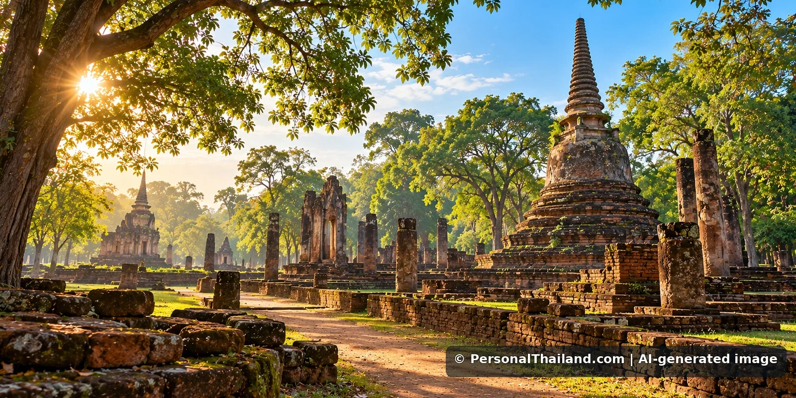 Kamphaeng Phet Travel Guide: UNESCO Ruins, Temples and Riverside History (illustration) AI-generated conceptual illustration of Buddhist ruins and a stone stupa at a wooded Thai historical park