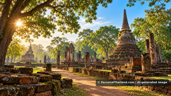 Kamphaeng Phet Travel Guide: UNESCO Ruins, Temples and Riverside History (illustration) AI-generated conceptual illustration of Buddhist ruins and a stone stupa at a wooded Thai historical park