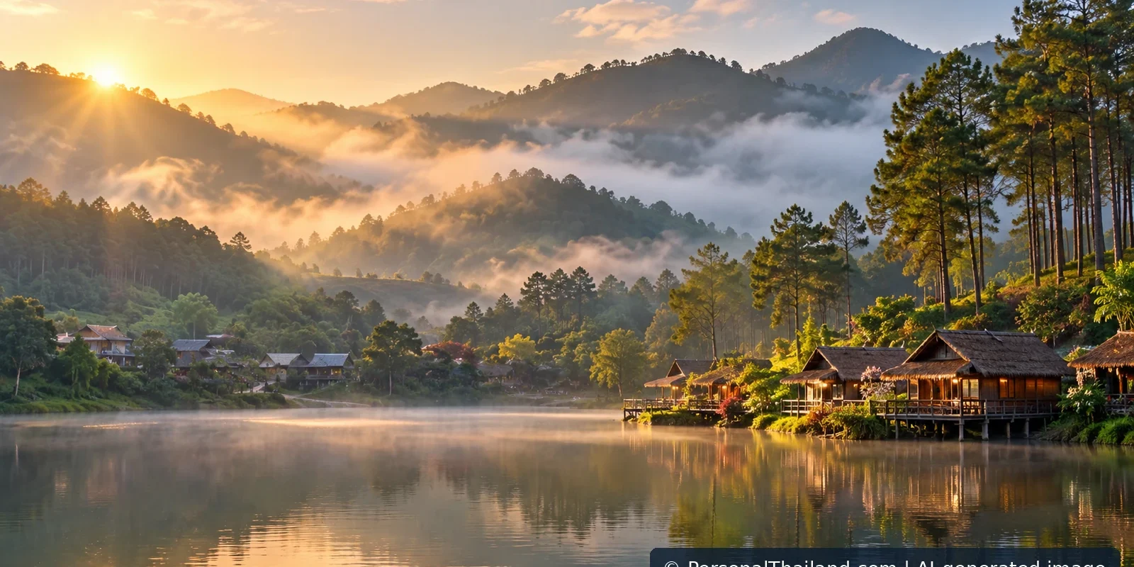 AI-generated atmospheric mountain lake scene inspired by the scenery of Mae Hong Son; not a documentary photograph of Pang Ung