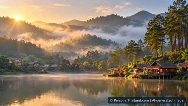 Mae Hong Son Travel Guide: Mountain Valleys, Pai and Local Culture (illustration) AI-generated atmospheric mountain lake scene inspired by the scenery of Mae Hong Son; not a documentary photograph of Pang Ung