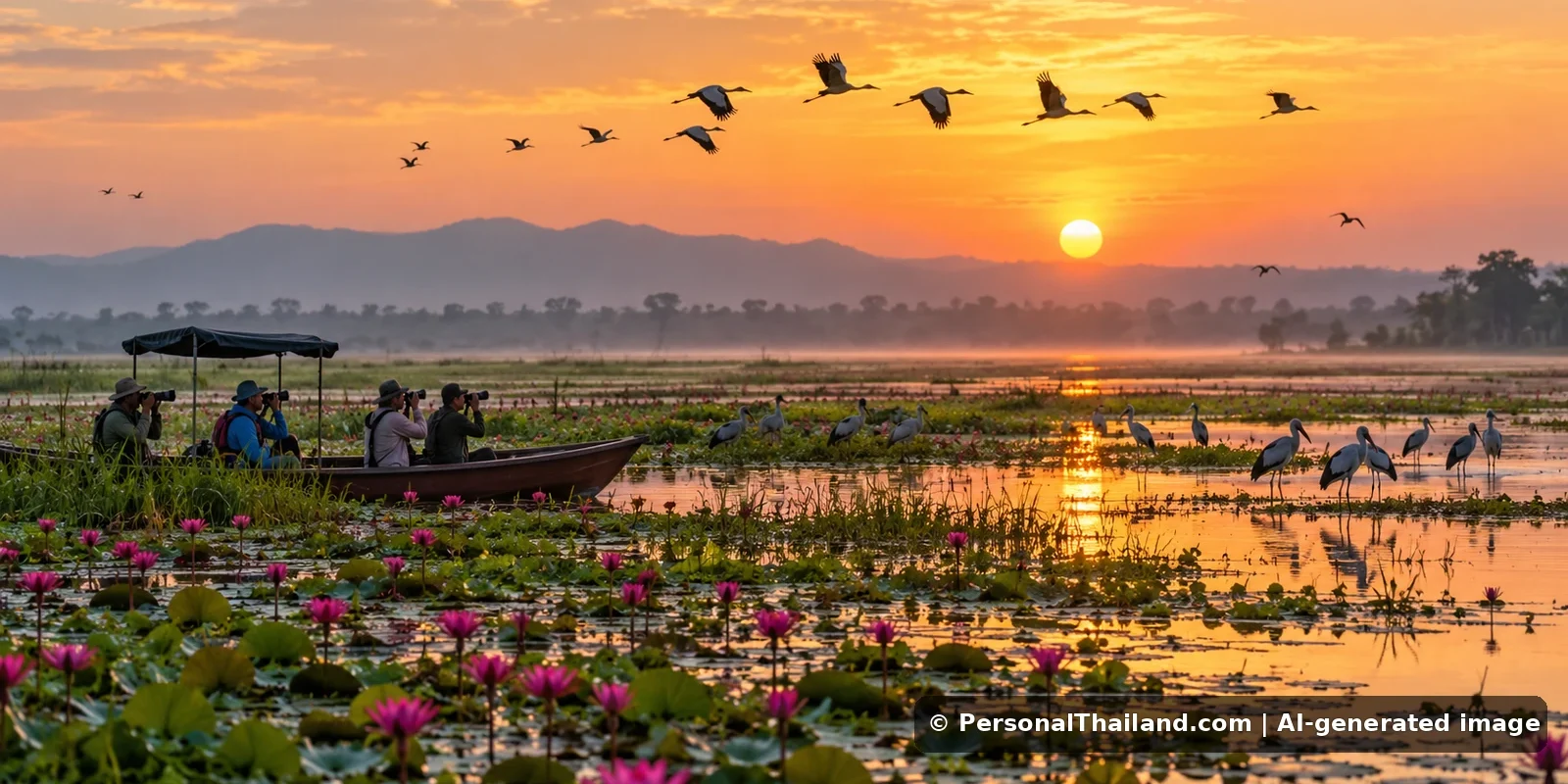 Nakhon Sawan Travel Guide: River Confluence, Bueng Boraphet and City Views (illustration) AI-generated conceptual travel illustration for Nakhon Sawan, Thailand