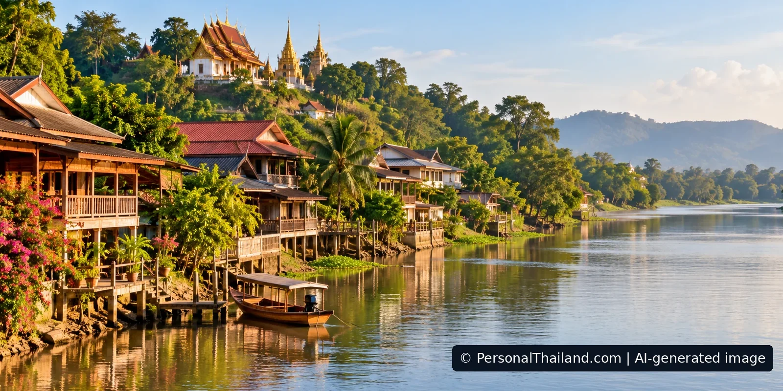 Uthai Thani Travel Guide: River Life, Wat Tha Sung and Forest Heritage (illustration) AI-generated conceptual scenery inspired by Uthai Thani: wooden riverside houses, a moored boat and a hilltop temple above a calm river (not a photograph of a real place)