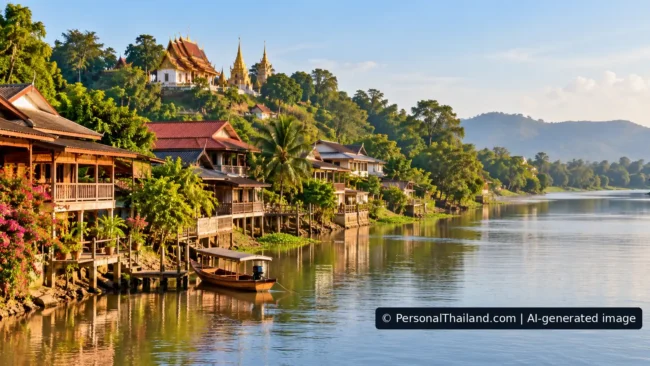 AI-generated conceptual scenery inspired by Uthai Thani: wooden riverside houses, a moored boat and a hilltop temple above a calm river (not a photograph of a real place)