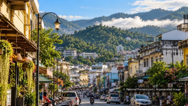 Photorealistic AI concept of a small town in southern Thailand with forested hills, shophouses and everyday street traffic.