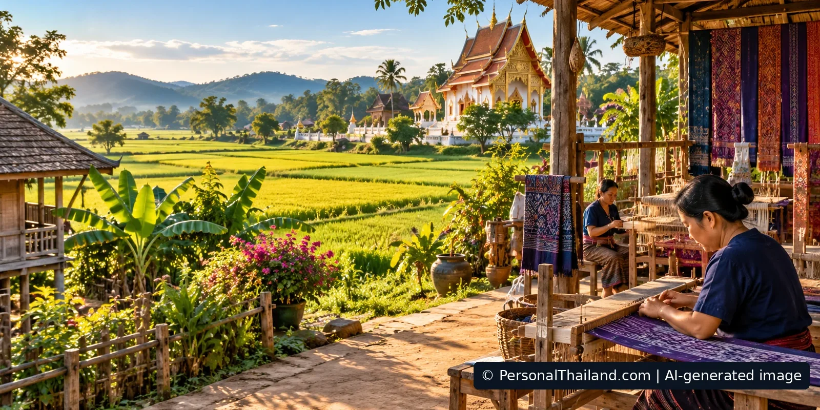 Amnat Charoen Travel Guide: Mekong Scenery, Temples and Isan Silk (illustration) AI-generated conceptual scenery inspired by Amnat Charoen: women weaving patterned silk at wooden looms beside rice fields and a temple (not a photograph of a real place)