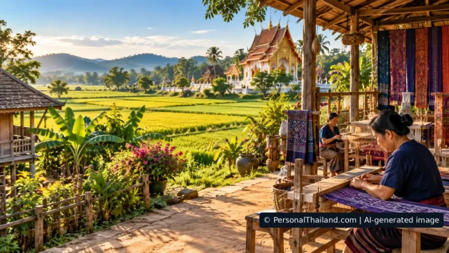 AI-generated conceptual scenery inspired by Amnat Charoen: women weaving patterned silk at wooden looms beside rice fields and a temple (not a photograph of a real place)