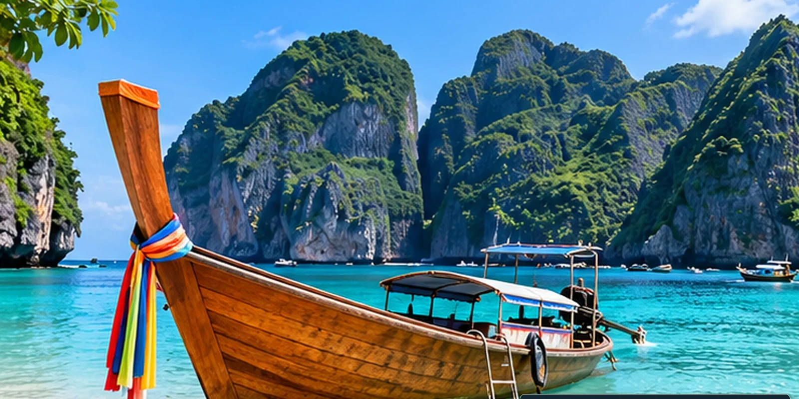 Krabi Travel Guide: Ao Nang, Railay, Islands and Inland Nature (illustration) Stylised Krabi Andaman coastline with limestone cliffs, turquoise water and longtail boat, AI-generated illustration