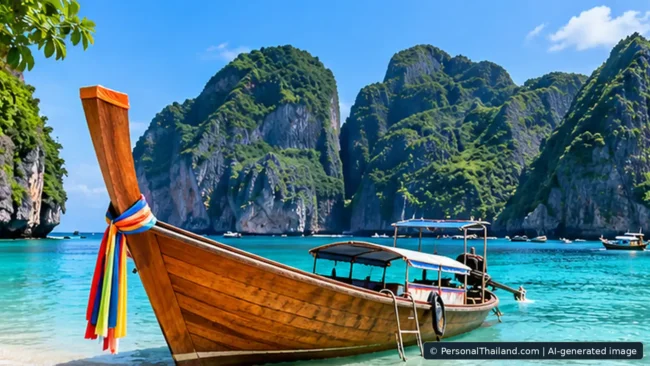Stylised Krabi Andaman coastline with limestone cliffs, turquoise water and longtail boat, AI-generated illustration