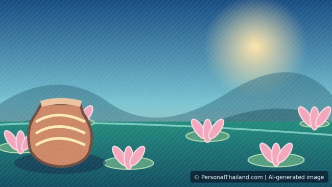AI-generated editorial illustration of Ban Chiang inspired pottery beside a pink-lotus lake; not a photograph of UNESCO archaeological artefacts