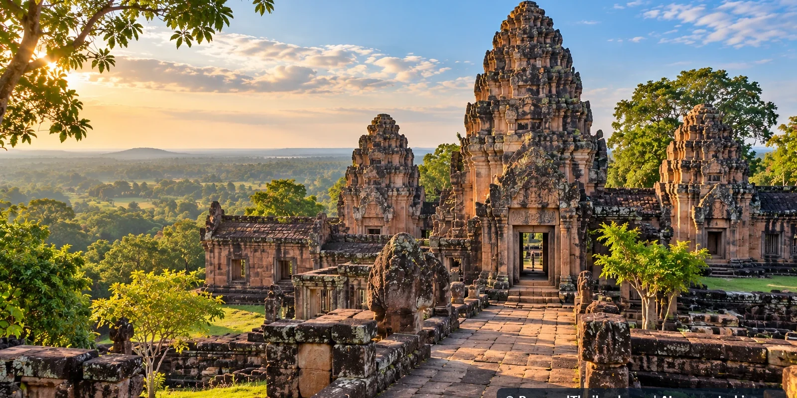 AI-generated conceptual view of sandstone Khmer-style temple ruins in northeastern Thailand