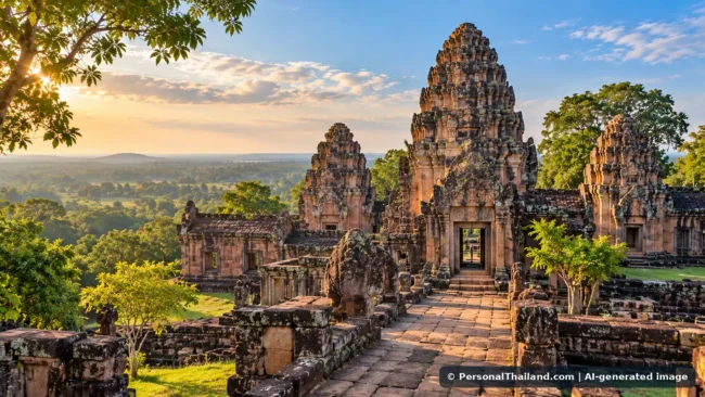 Buri Ram Travel Guide: Phanom Rung, Khmer Heritage and Isan Culture (illustration) AI-generated conceptual view of sandstone Khmer-style temple ruins in northeastern Thailand