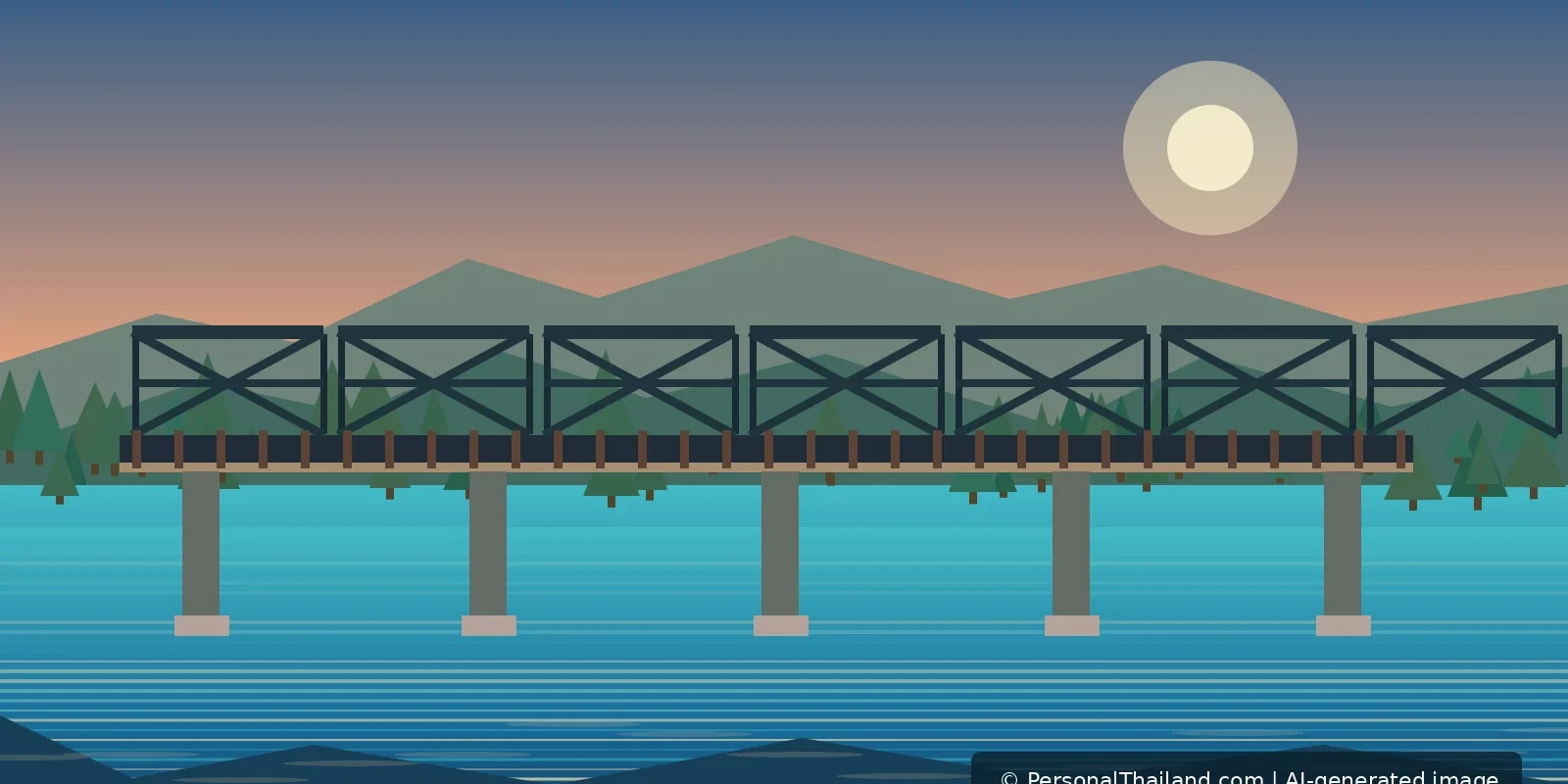 AI-generated editorial illustration of a steel railway bridge crossing a broad river in forested Kanchanaburi, not a documentary photograph