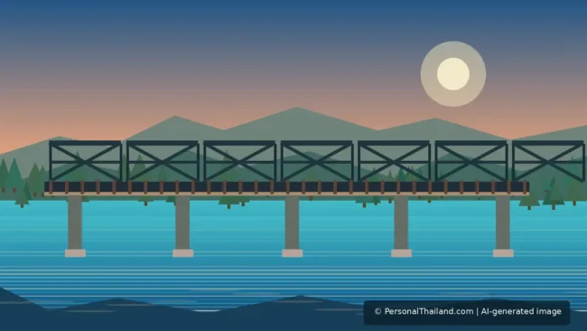 Kanchanaburi Travel Guide: River Kwai History, Waterfalls and Respectful Visits (illustration) AI-generated editorial illustration of a steel railway bridge crossing a broad river in forested Kanchanaburi, not a documentary photograph