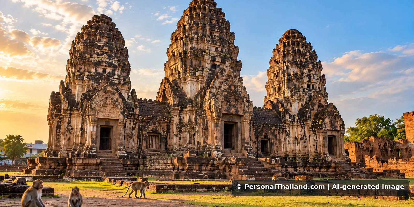 Lop Buri Travel Guide: Khmer Temples, King Narai and the Monkeys (illustration) AI-generated conceptual scene of three Khmer-style stone sanctuary towers and macaques in a Thai historic town