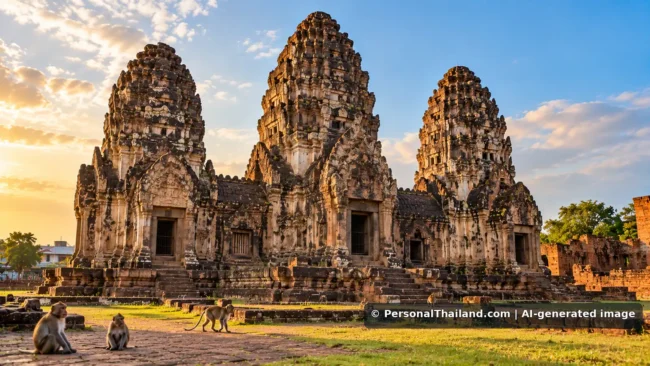 Lop Buri Travel Guide: Khmer Temples, King Narai and the Monkeys (illustration) AI-generated conceptual scene of three Khmer-style stone sanctuary towers and macaques in a Thai historic town