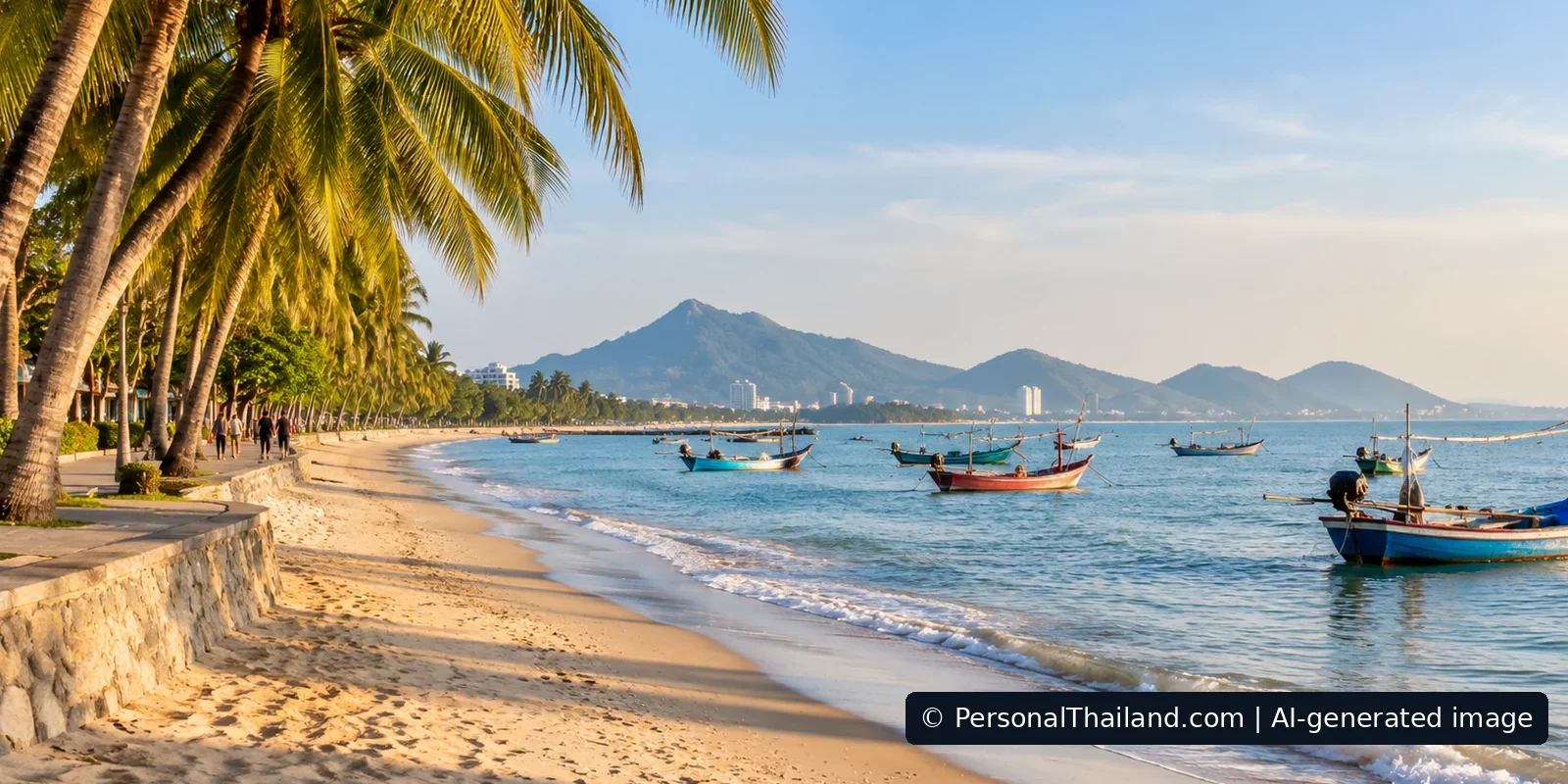 Chon Buri Travel Guide: Bang Saen, Ko Si Chang and Coastal Towns (illustration) AI-generated conceptual scenery inspired by the Chon Buri coast: a palm-lined beach promenade with fishing boats and distant hills (not a photograph of a real place)