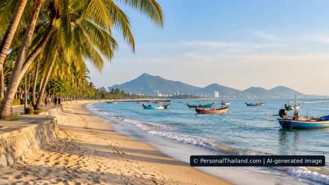 AI-generated conceptual scenery inspired by the Chon Buri coast: a palm-lined beach promenade with fishing boats and distant hills (not a photograph of a real place)