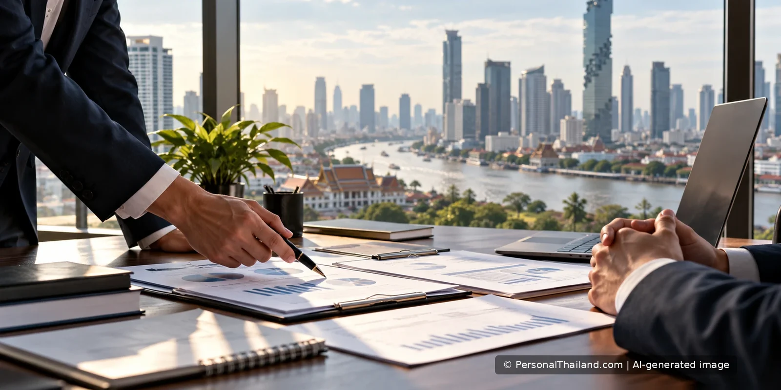 Investing in Thailand: Due Diligence Before Starting a Business Business professionals reviewing financial documents in a Bangkok office overlooking the Chao Phraya River