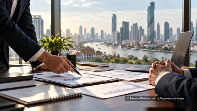 Business professionals reviewing financial documents in a Bangkok office overlooking the Chao Phraya River