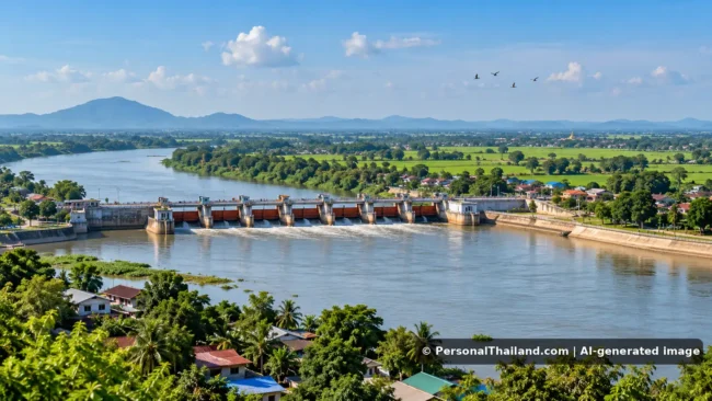 Chai Nat Travel Guide: Chao Phraya Dam, Bird Park and Riverside Temples (illustration) AI-generated conceptual travel illustration for Chai Nat, Thailand