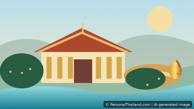 Ang Thong Travel Guide: Historic Temples, Reclining Buddhas and Local Crafts (illustration) Original illustrated Ang Thong travel scene with reclining Buddha, temple structures and riverside greenery, AI-generated image